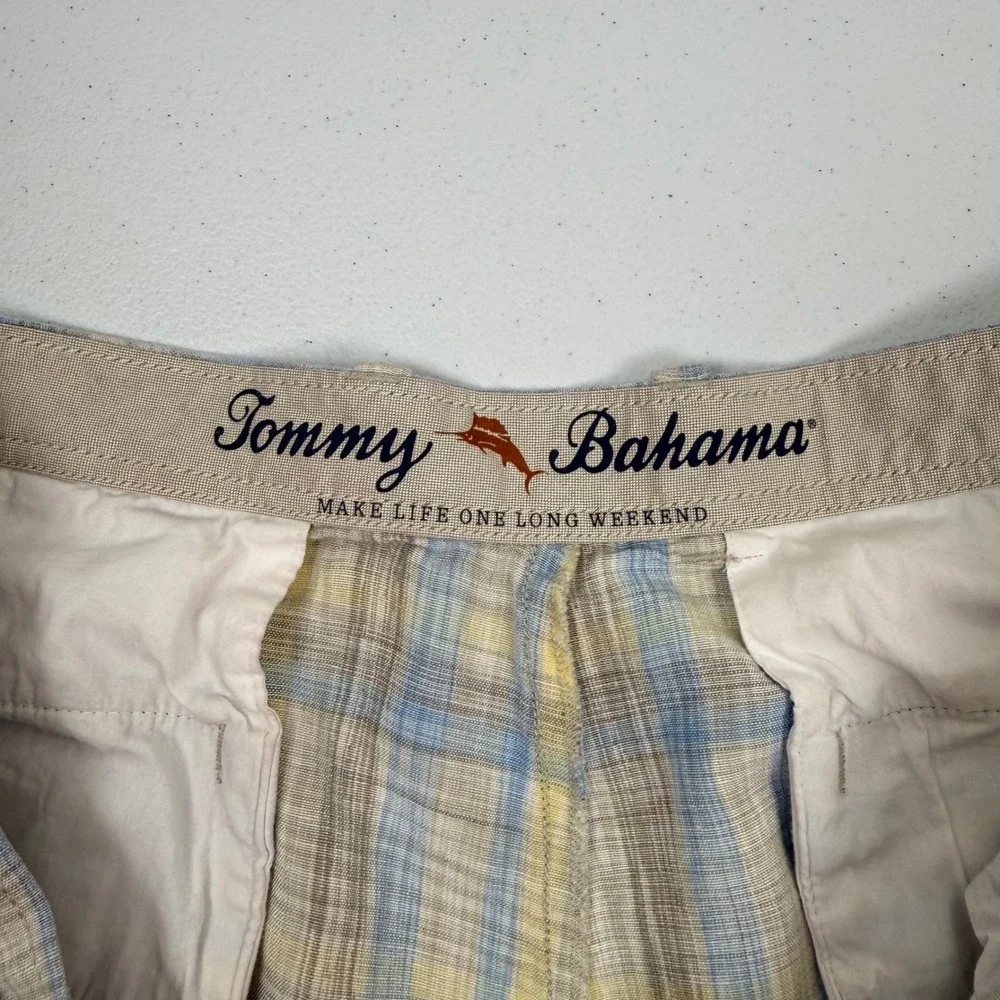 Tommy Bahama Mens Plaid Linen Blend Shorts Blue Yellow Tan Size‎ 40 Flat Front